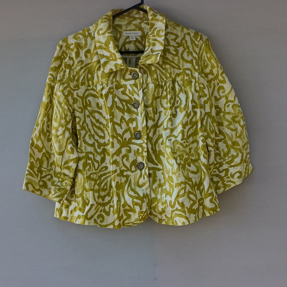 Charter Club 100% linen Green White button up blazer 3/4 sleeve size M